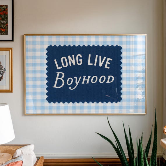 Long Live Boyhood Wall Art Blue Gingham Nursery Print Preppy Baby Boy Room Decor Whimsical Kids
