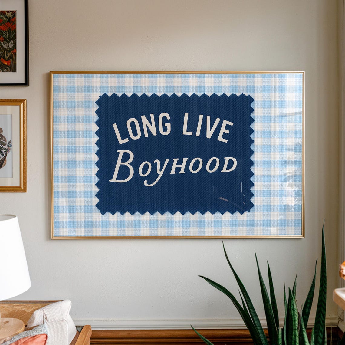 Long Live Boyhood Blue Gingham Nursery Boys Room Decor Poster
