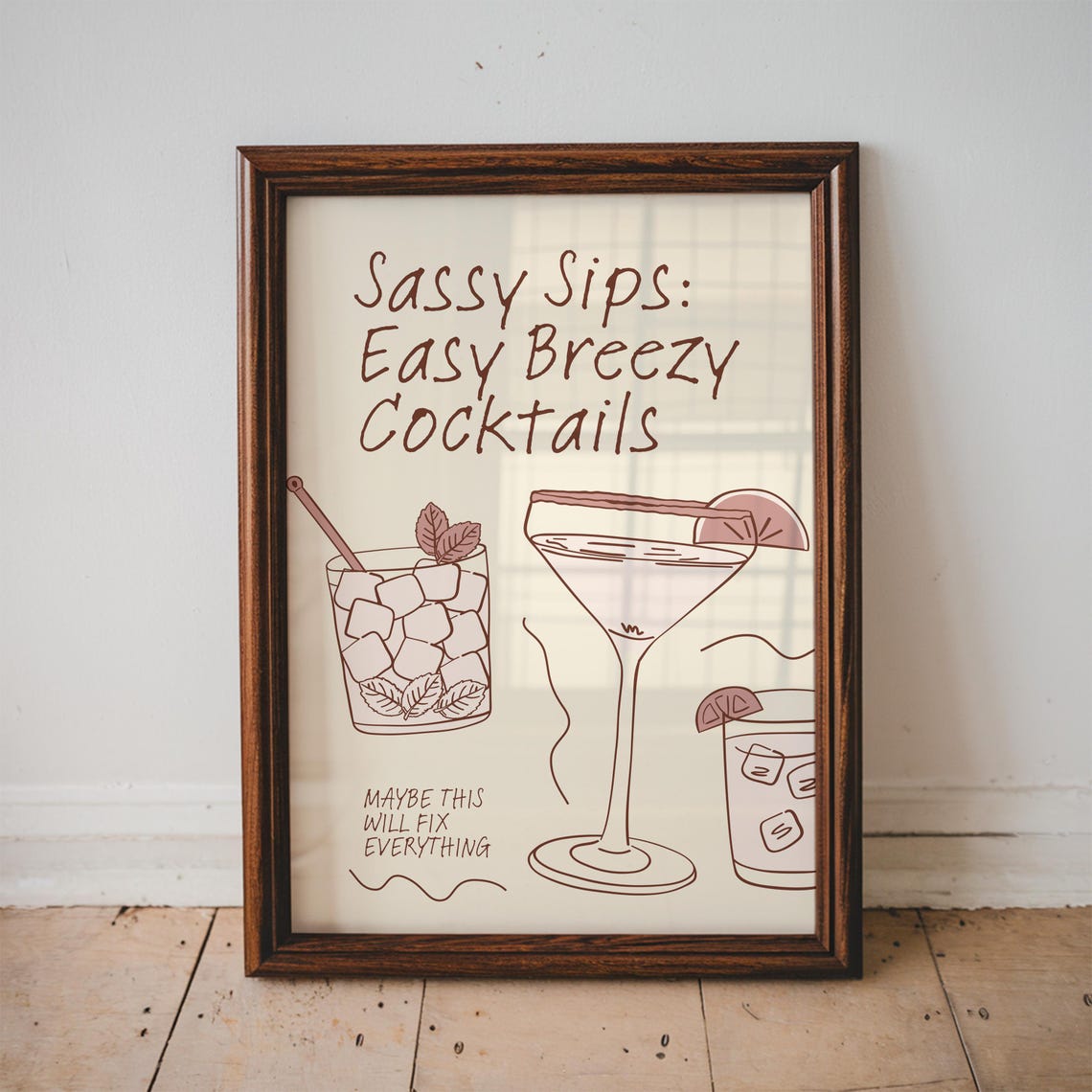 Sassy Sips Easy Breezy Cocktails Funny Line Art Kitchen Poster