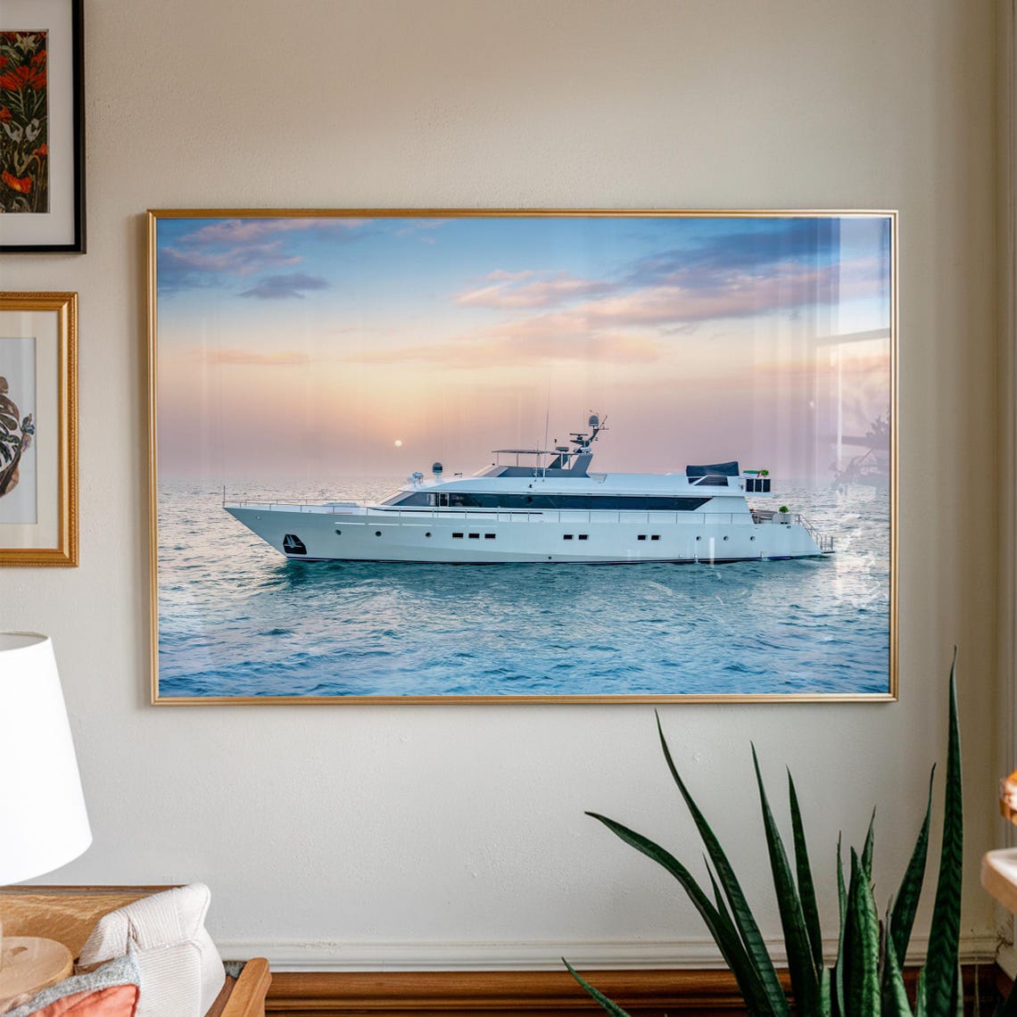 White Luxury Yacht At Sunset Turquoise Ocean Maritime Art Poster