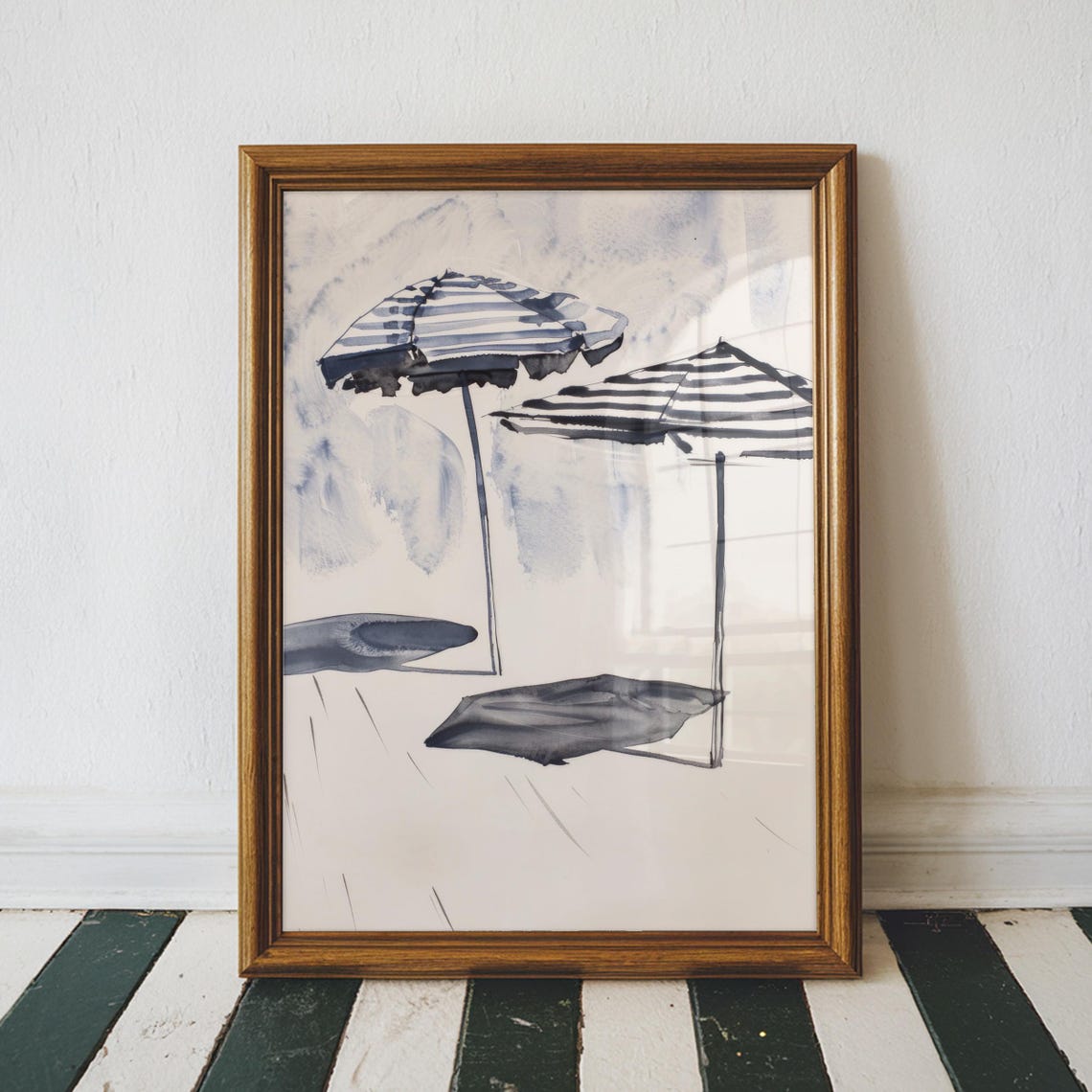Striped Beach Umbrellas Watercolor Coastal Ink Sketch Poster