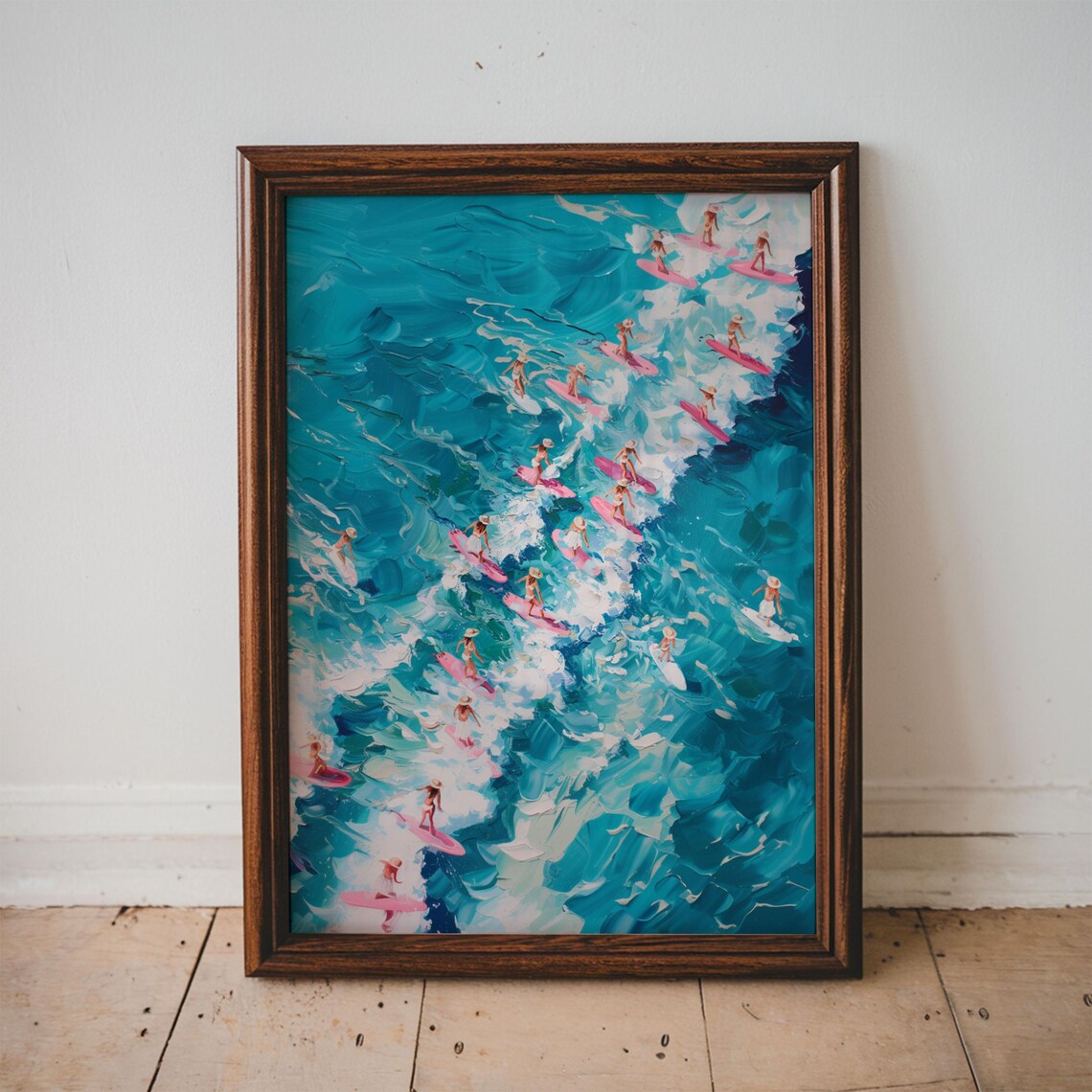 Aerial Ocean Surfers Pink Paddleboards Impasto Painting Art Poster