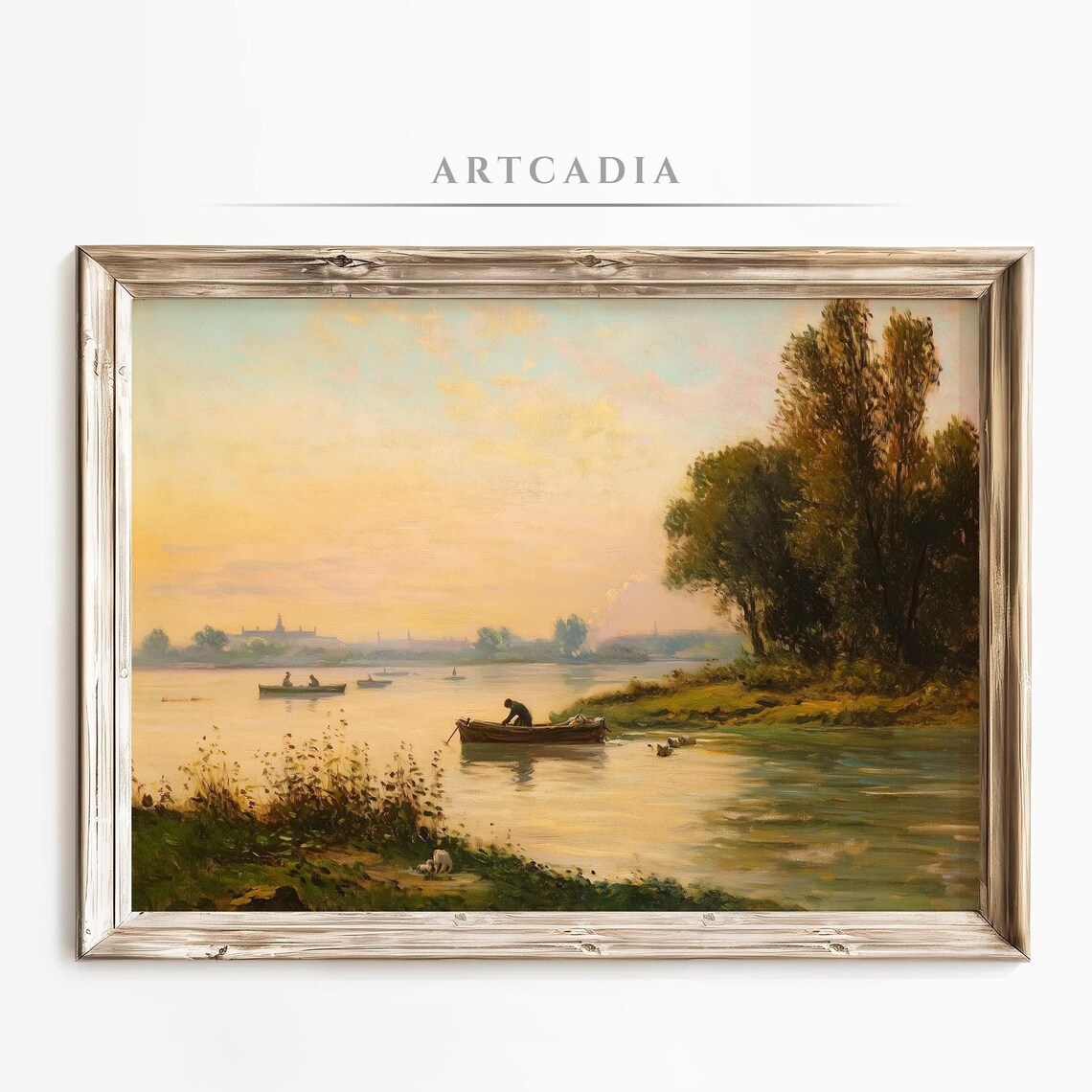 Sunset River with Rowboats and Fisherman Vintage Scene Poster