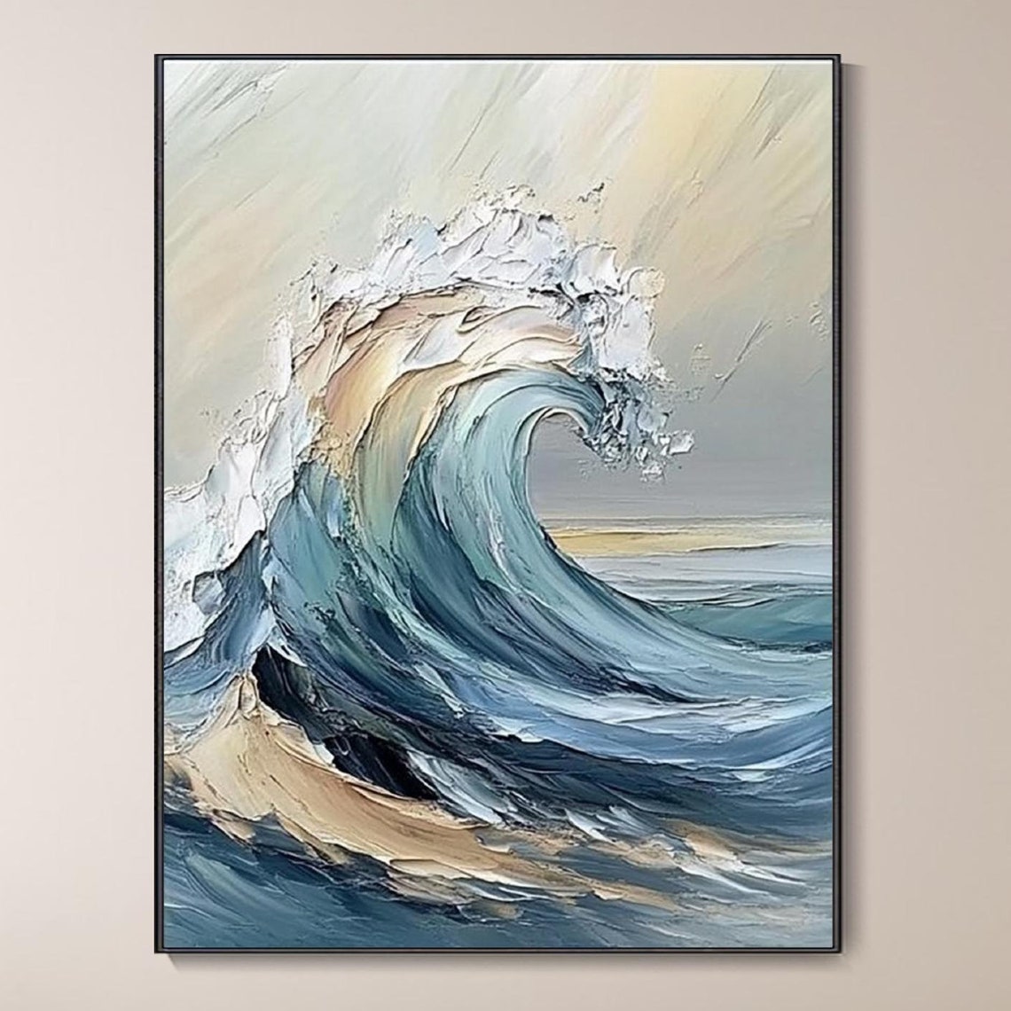 Large Curling Ocean Wave Blue Gold Textured Seascape Art Poster