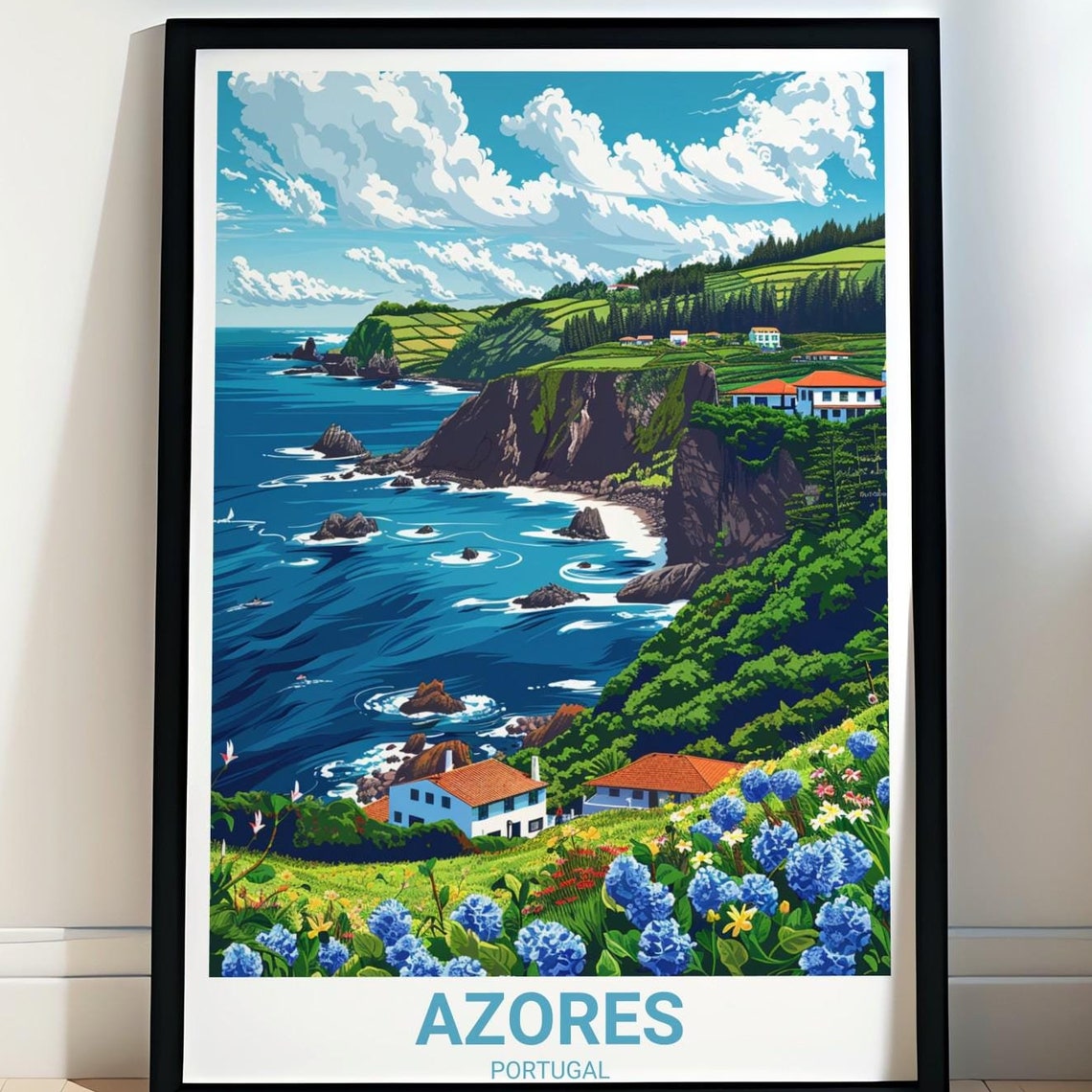 Azores Portugal Dramatic Cliffs Hydrangea Coast Travel Poster