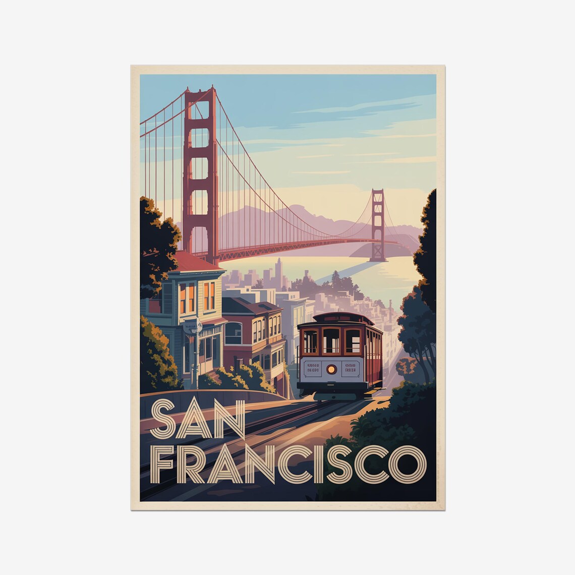 San Francisco Golden Gate Bridge Vintage Travel Poster Cable Car Scene