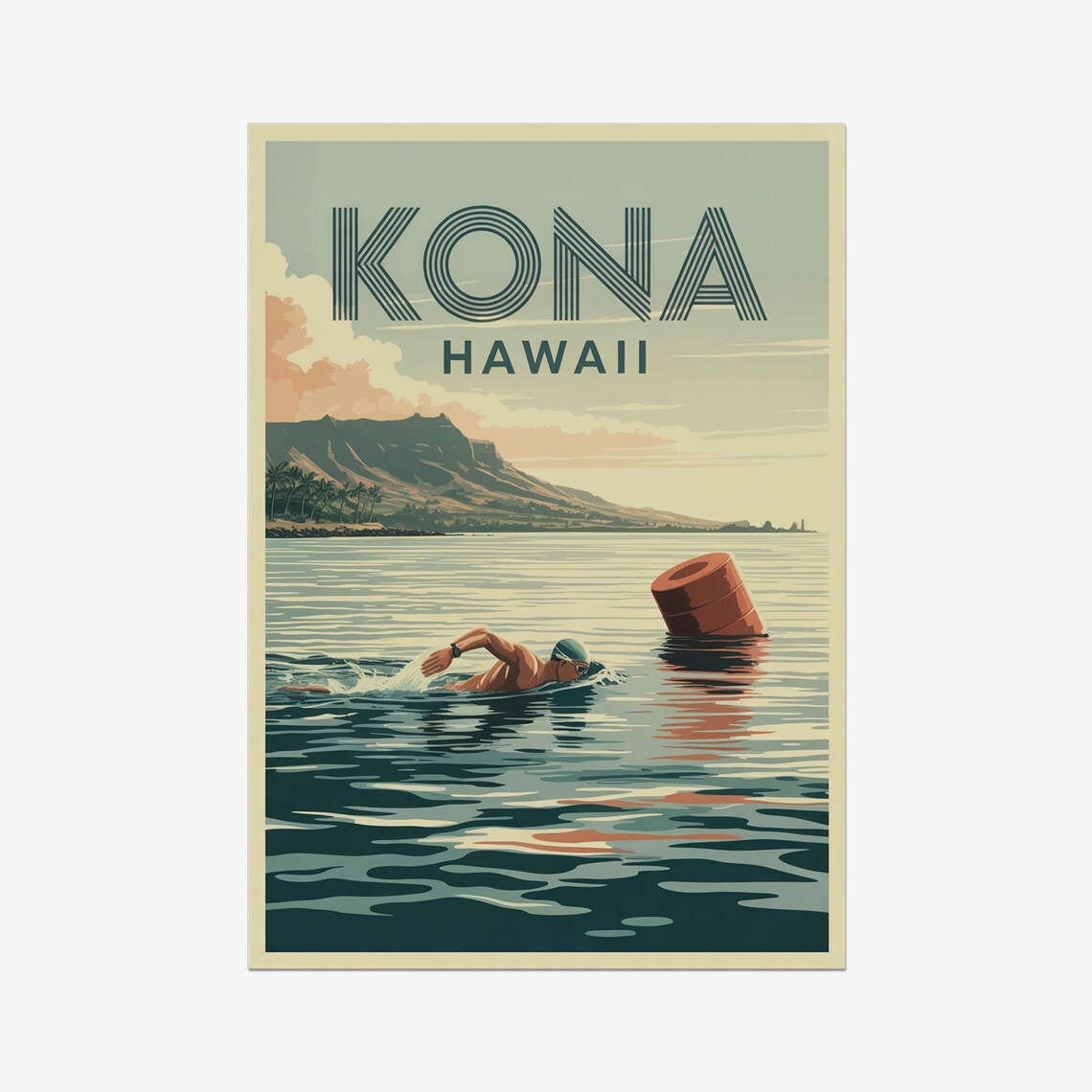 Kona Hawaii Open Water Swimmer Red Buoy Vintage Sports Poster
