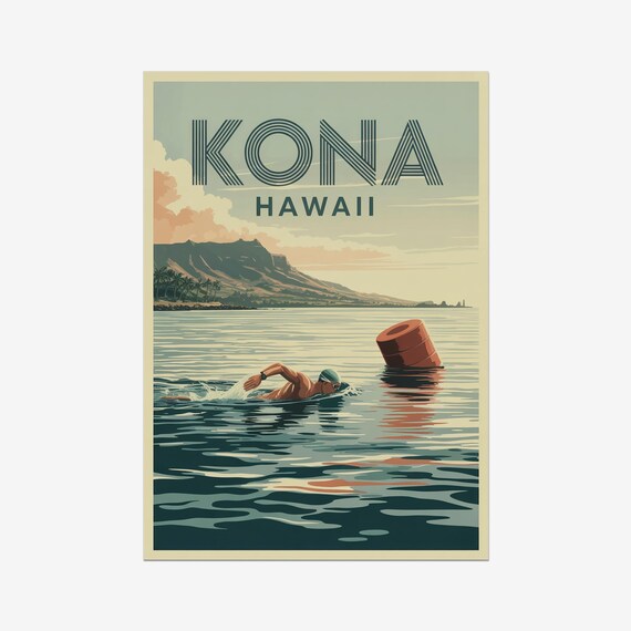 Kona Hawaii Open Water Swimmer Red Buoy Vintage Sports Poster