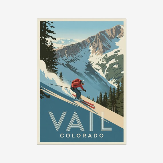 Vail Colorado Vintage Ski Travel Poster Powder Slope Red Jacket Art