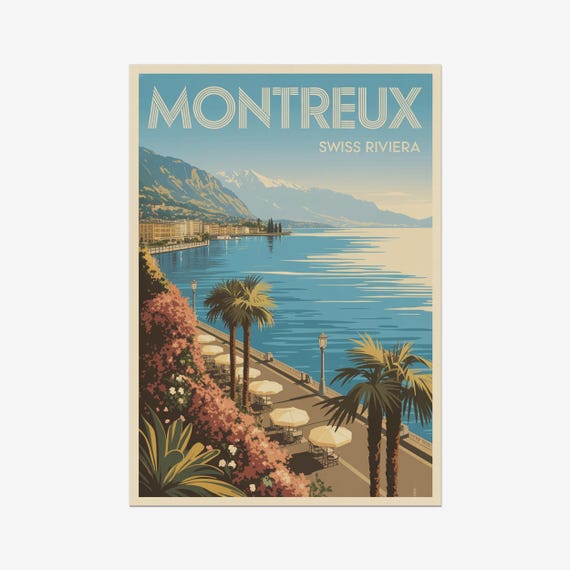 Montreux Vintage Travel Poster, Swiss Riviera Retro
