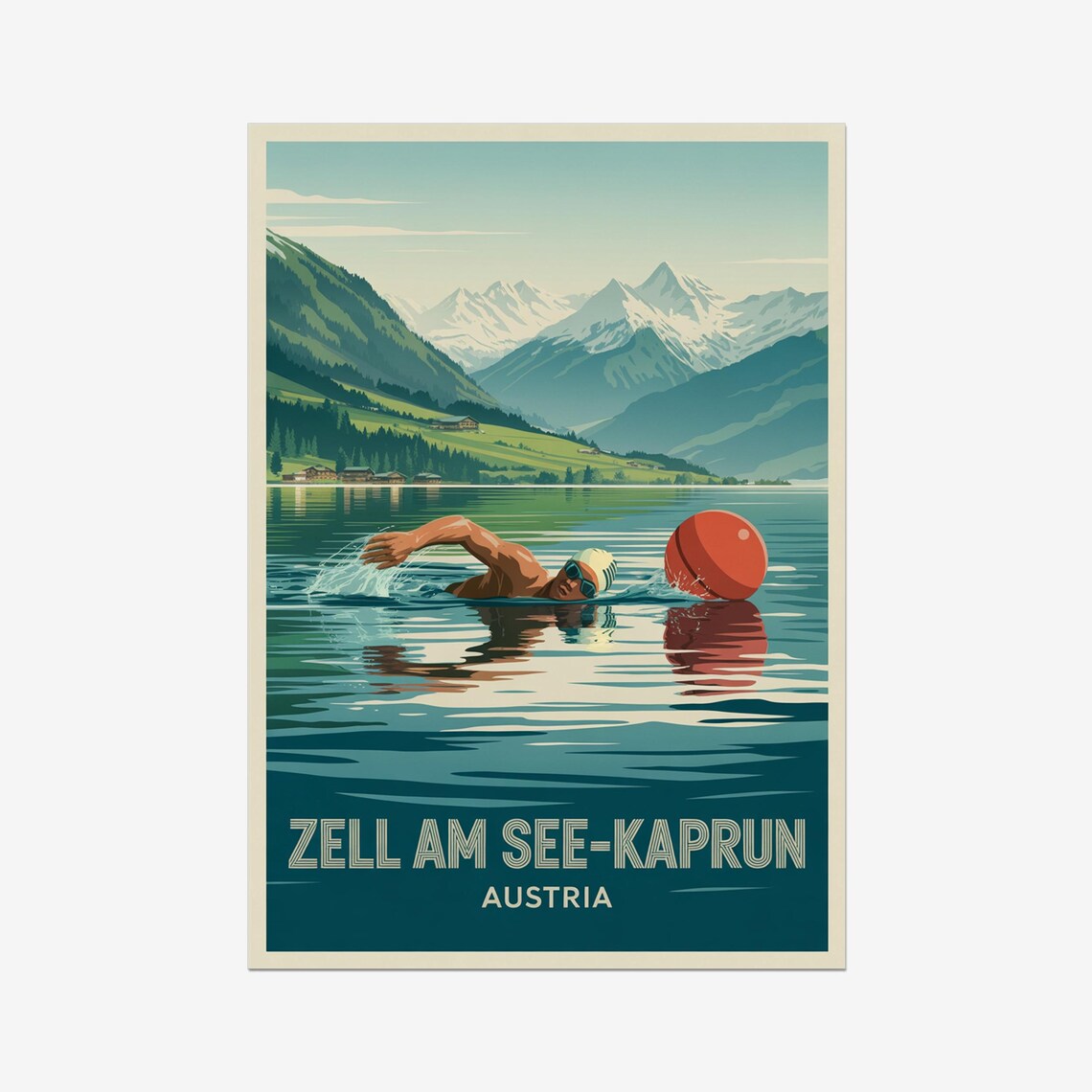 Zell Am See Kaprun Austria Alpine Lake Swimmer Vintage Sports Poster