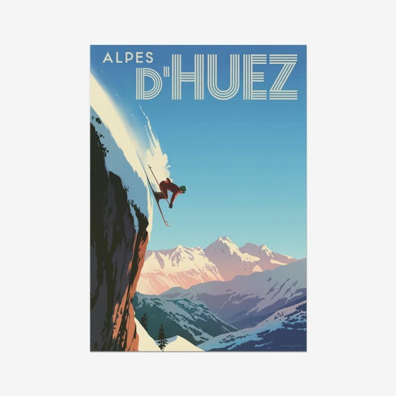 Alpes Dhuez Vintage Travel Poster Skiing French Alps