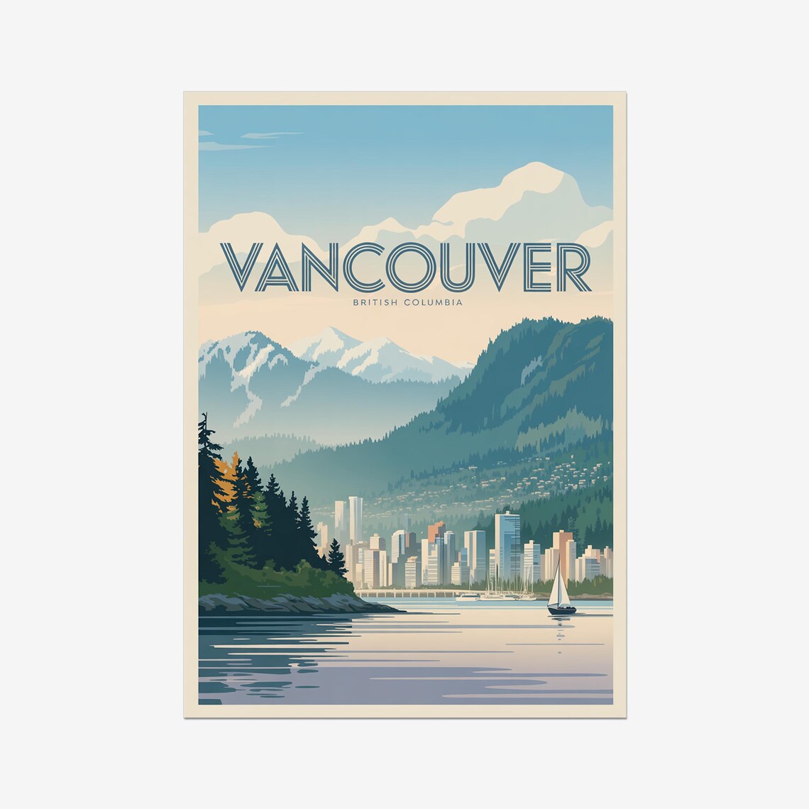 Vancouver British Columbia Skyline Sailboat Mountains Travel Poster