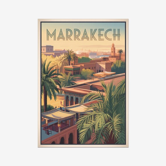 Marrakech Vintage Morocco Medina Rooftops Palms Minaret Travel Poster
