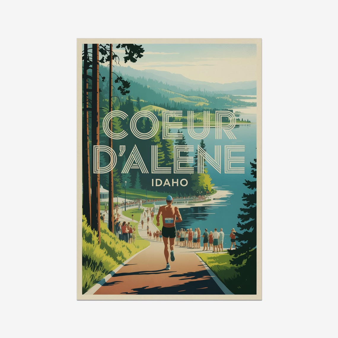 Coeur d'Alene Idaho Lakeside Marathon Runner Retro Sports Poster
