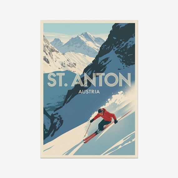 St Anton Austria Vintage Ski Travel Poster Alpine Red Skier Art