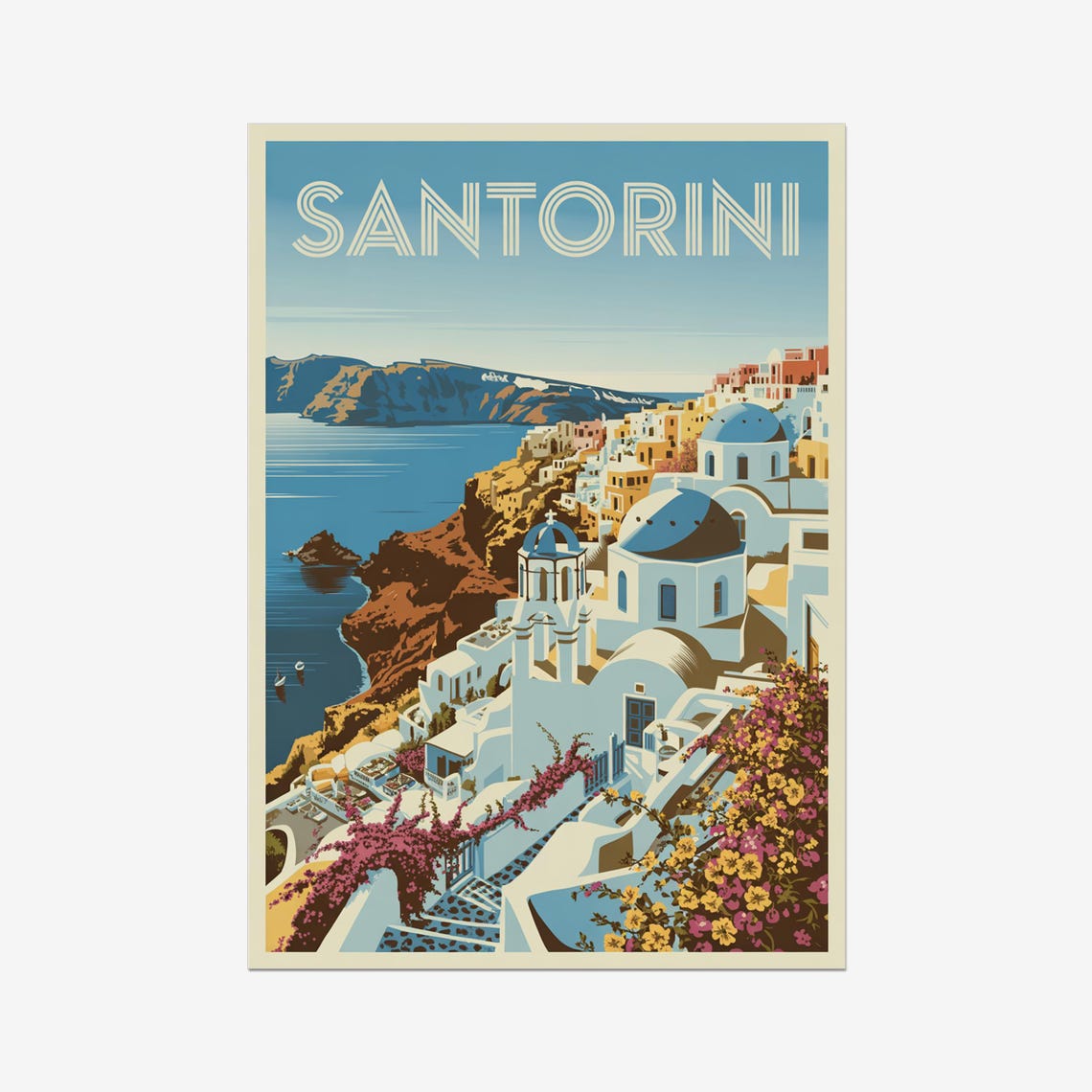 Santorini Greece Whitewashed Blue Domes Vintage Travel Poster Art