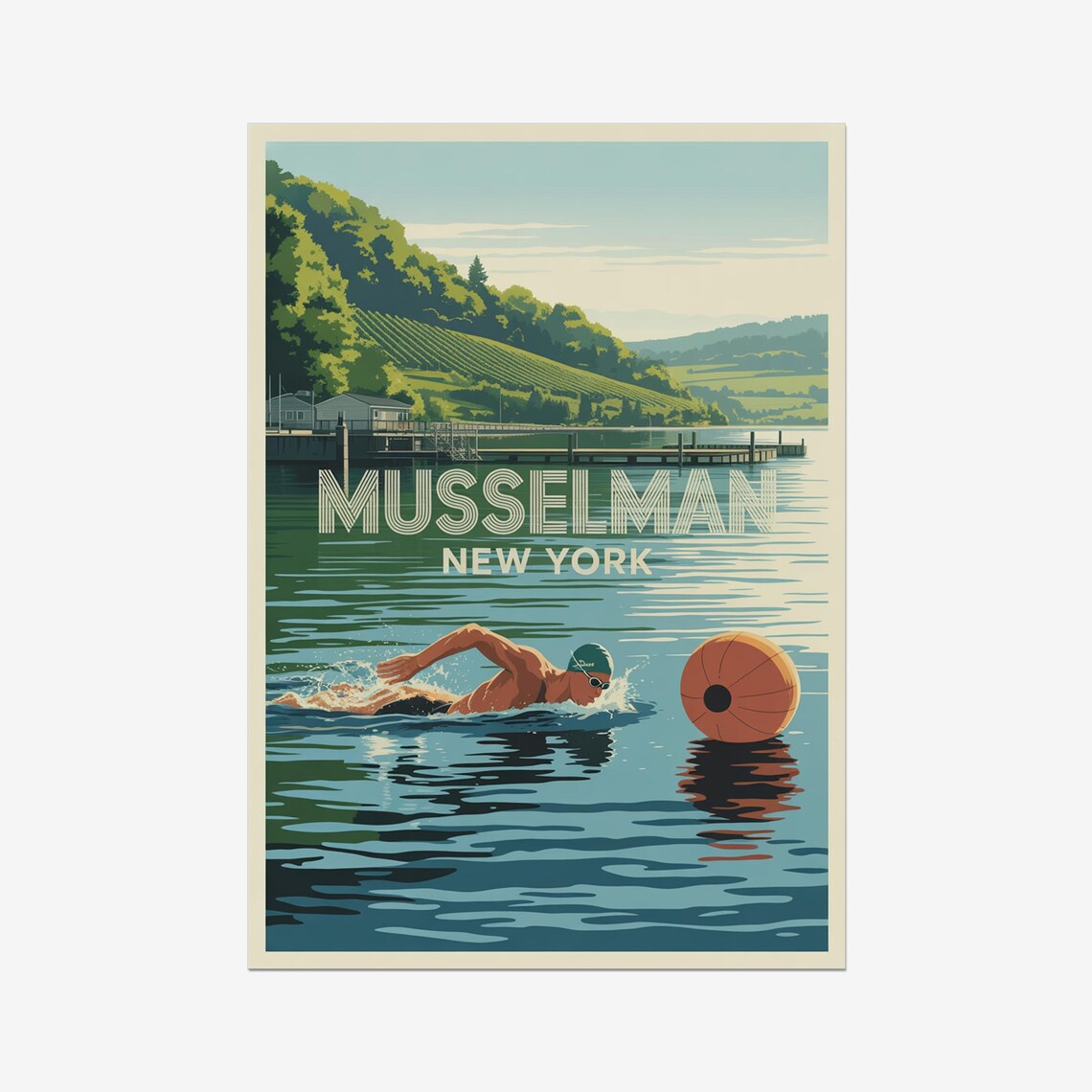 Musselman New York Vintage Open Water Lake Swim Race Art Poster