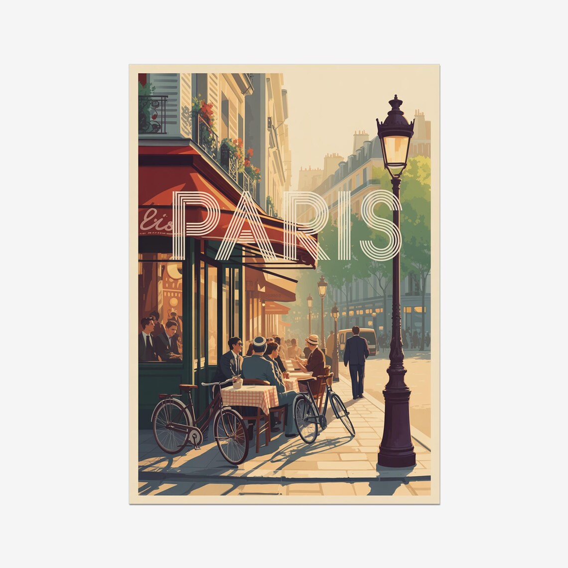 Paris France Retro Cafe Terrace Bicycles Vintage Travel Poster