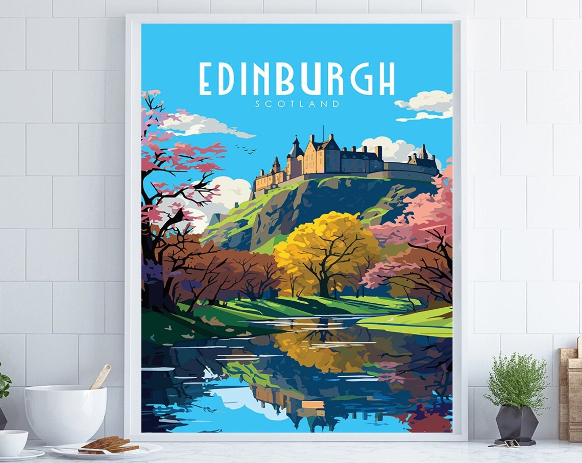 Edinburgh Scotland Castle Autumn Trees Reflection Travel Poster