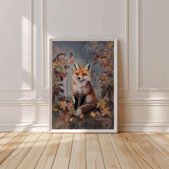 Red Fox Among Golden Autumn Leaves in Rustic Vintage Style Wall Art