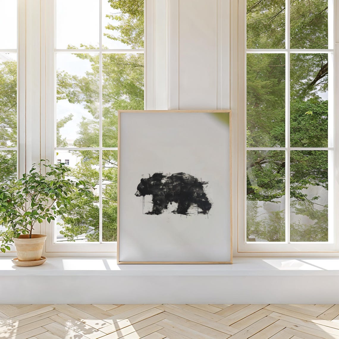 Expressive Black Ink Brushstroke Bear Minimalist Modern Art Poster - Image 2