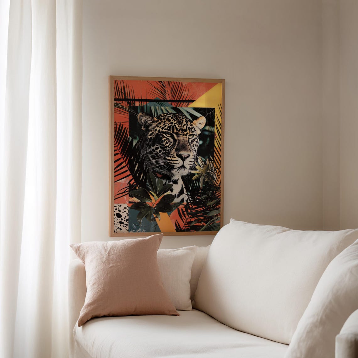 Tropical Pop Art Jaguar Head Collage in Palm Leaves Bold Color Poster - Image 3