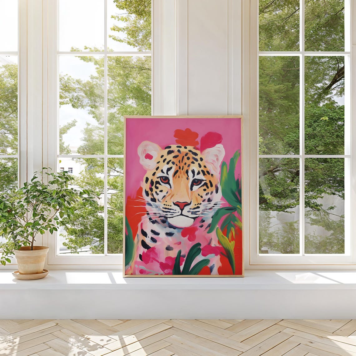 Bold Painterly Leopard Face on a Pink Tropical Background Art Poster - Image 2