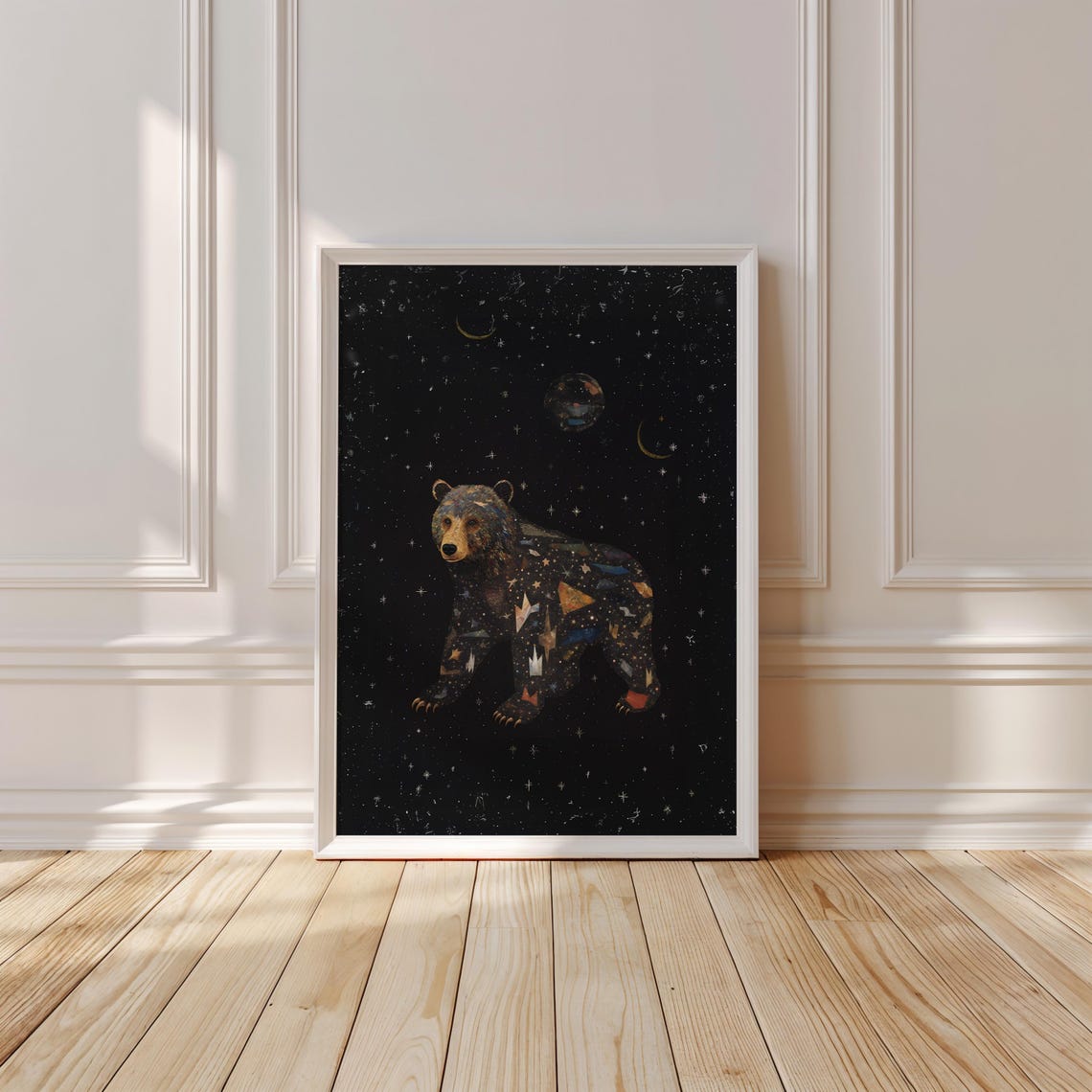 Cosmic Galaxy Bear Walking Under Moons and Planets Night Sky Poster