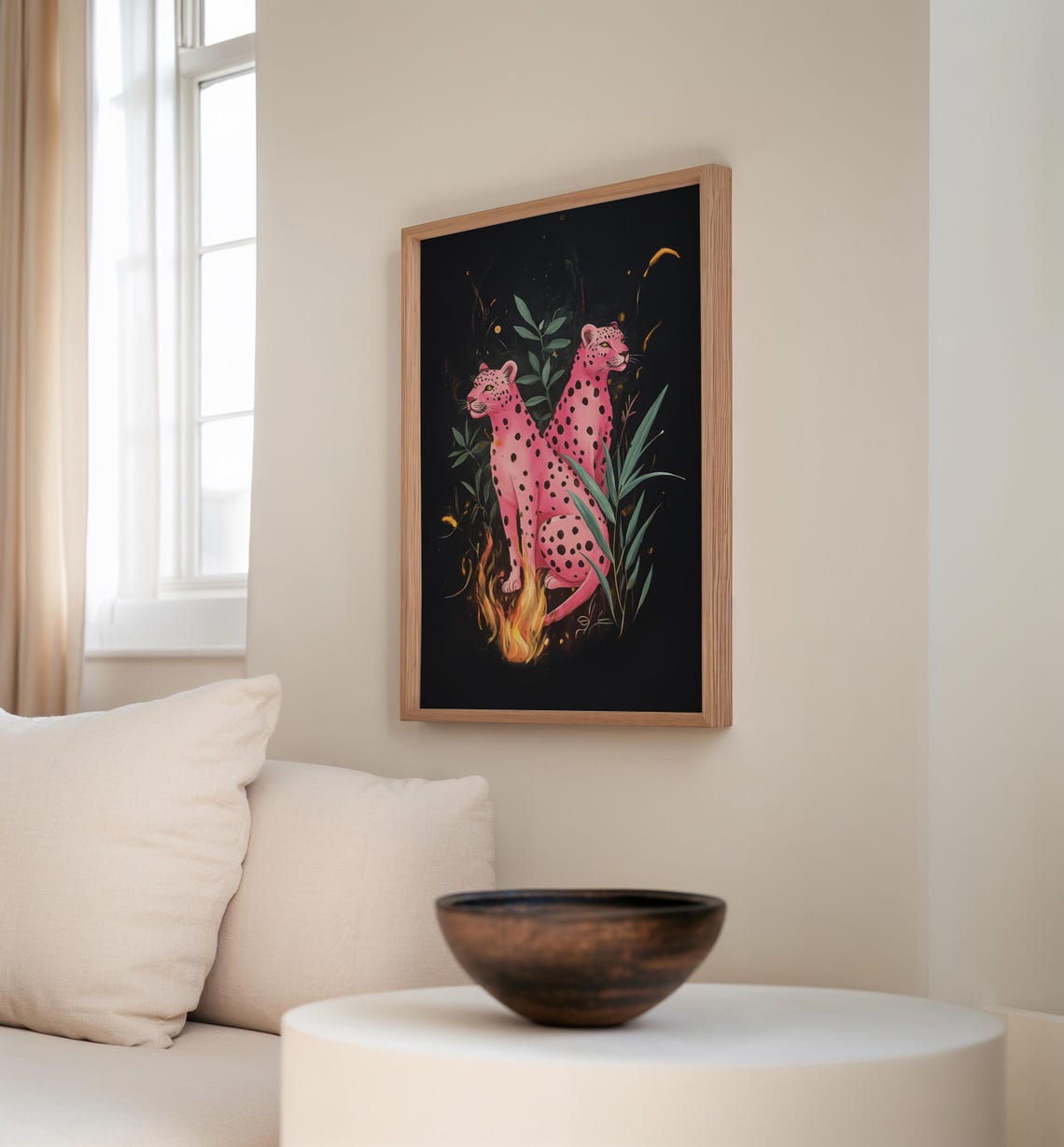 Twin Pink Leopards in Dark Foliage With Flames Mystical Night Poster - Image 2