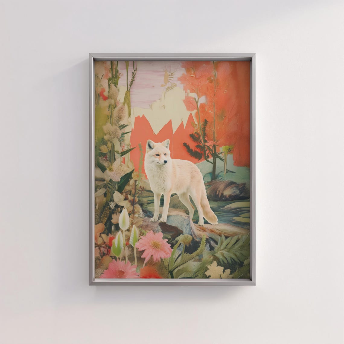 White Arctic Fox Among Wildflowers at a Sunset Mountain Meadow Poster - Image 3