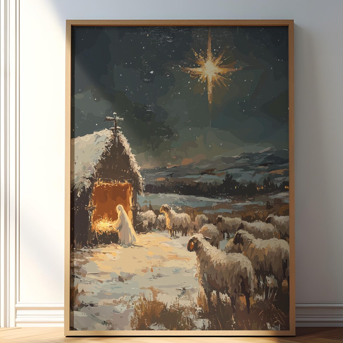 Nativity Scene Birth of Jesus Star of Bethlehem Night Art Poster