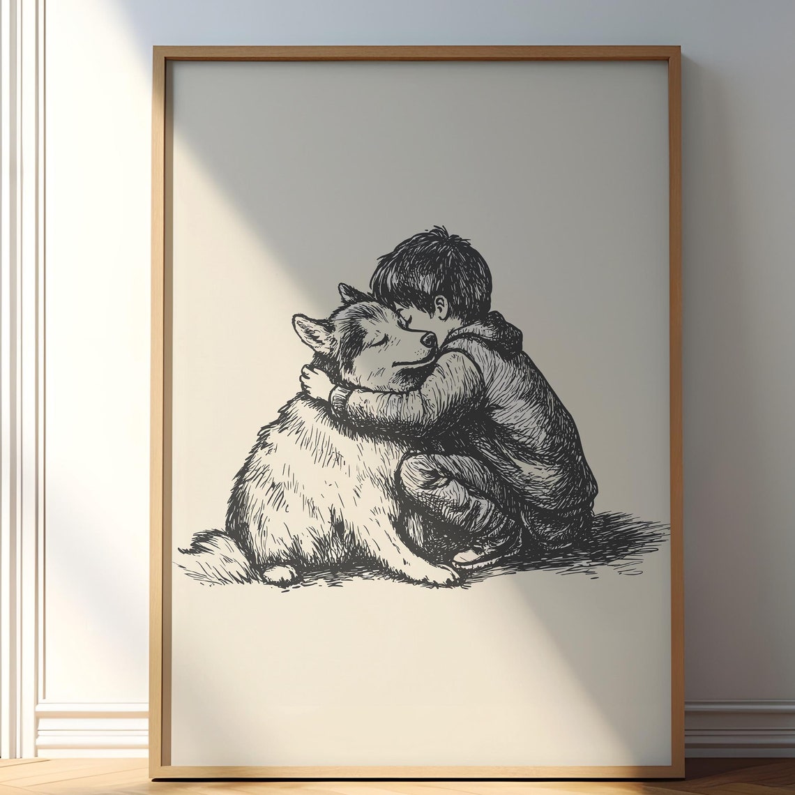 Boy And A Husky Poster Dog Vintage Print Antique Vintage Painting Farmhouse Wall Decor Country Wall Art Dog Drawing Dog Illustration