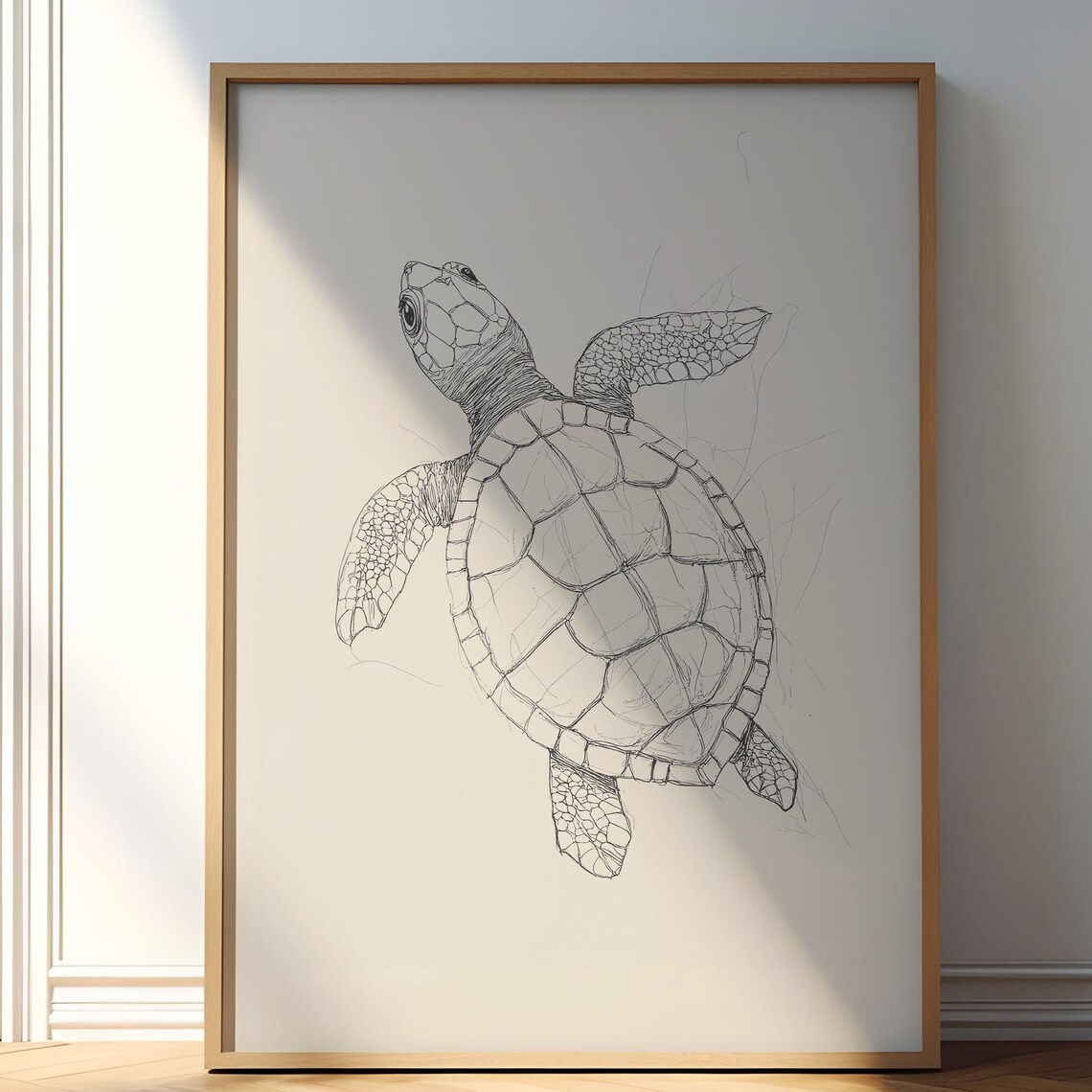 Sea Turtle Swimming Upward Delicate Fine Ink Drawing Vintage Poster
