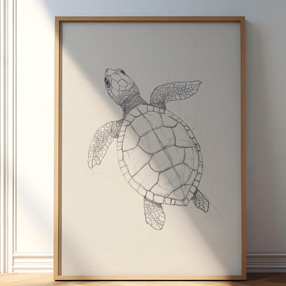 Sea Turtle Swimming Upward Delicate Fine Ink Drawing Vintage Poster