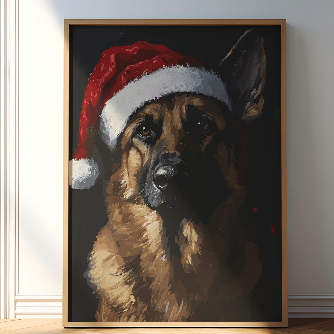 German Shepherd Christmas Painting Christmas Pet Art Santa Dog Print Vintage Dog Print German Shepherd Holiday Vintage Christmas Art