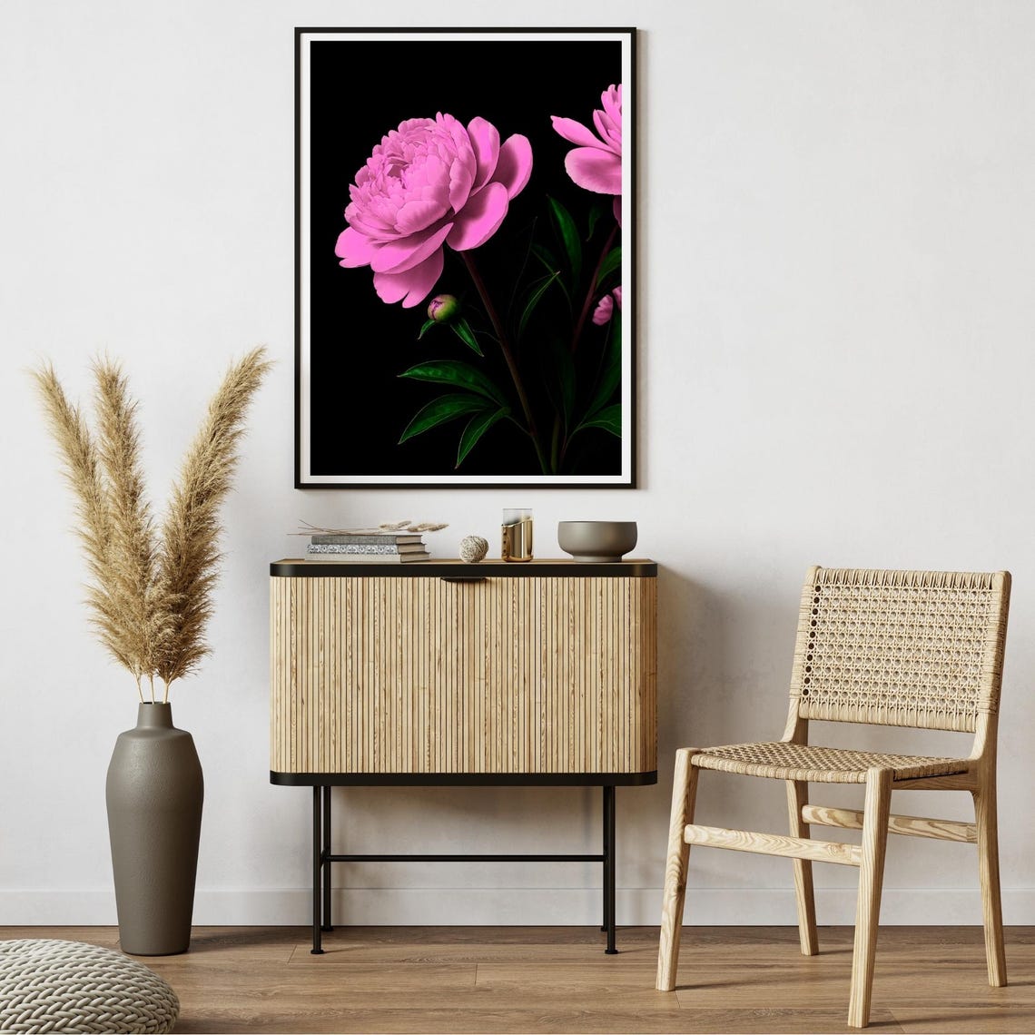 Pink Peonies on Black Background Dramatic Moody Botanical Poster