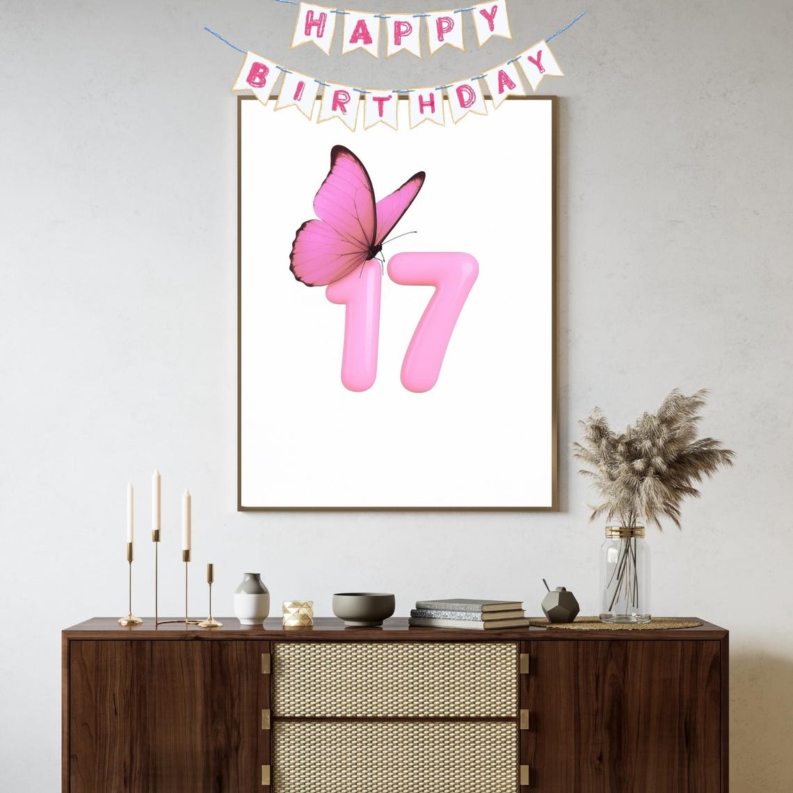 Pink 17th Birthday Butterfly Balloon Number Party Decor Poster