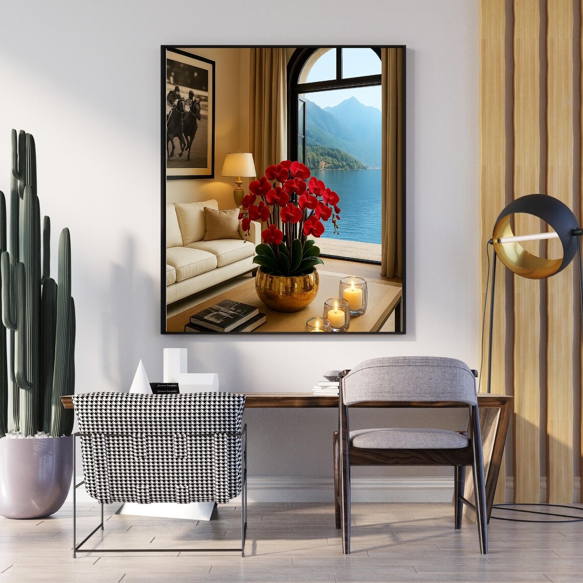 Red Orchids Gold Pot Lakeside Living Room Cozy Floral Photo Poster