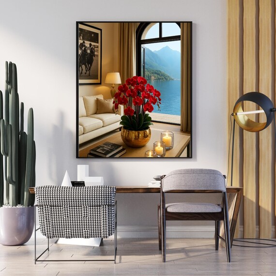 Red Orchids Gold Pot Lakeside Living Room Cozy Floral Photo Poster