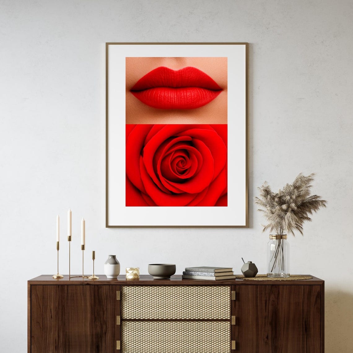 Matte Red Lips Red Rose Bold Beauty Fashion Portrait Modern Poster