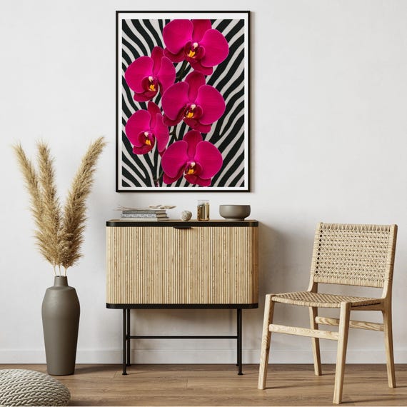 Magenta Orchid Wall Art Zebra Print Botanical Poster Glam Floral Bold Modern Home Decor Instant