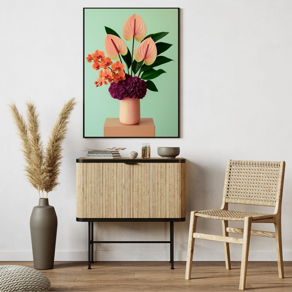 Fresh Mint Green Floral Still Life Coral Orchid Anthurium Wall Art