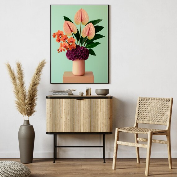 Fresh Mint Green Floral Still Life Coral Orchid Anthurium Wall Art