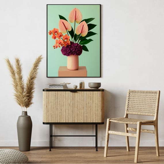 Modern Floral Wall Art Peach Anthurium Orange Orchid Hydrangea Photographybotanical Vase Poster Contemporary Home Decor