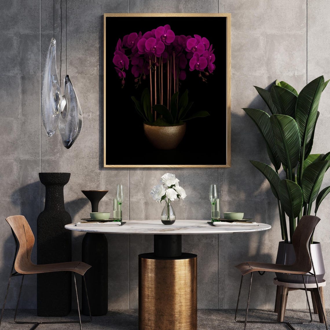 Magenta Orchids Gold Pot Black Background Bold Floral Photo Poster