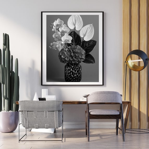 Elegant Black White Floral Orchid Anthurium Hydrangea Photo Poster