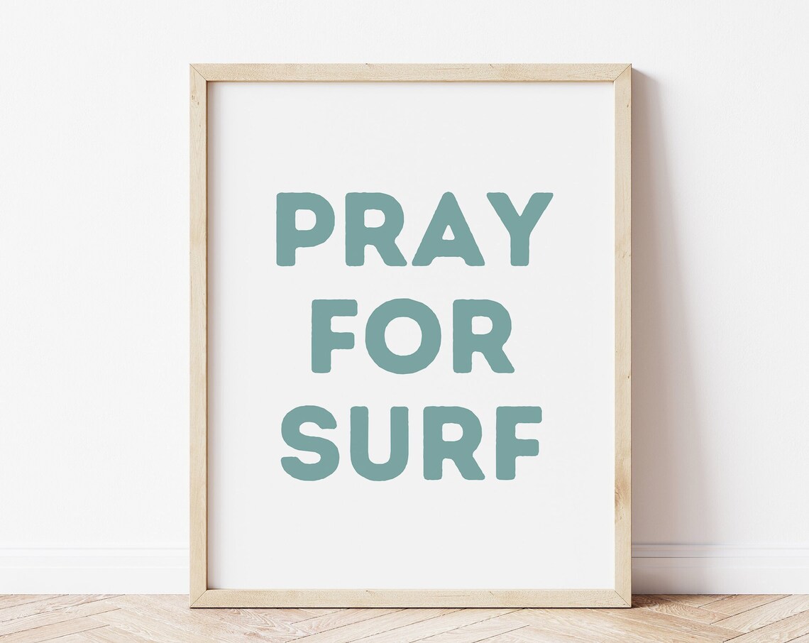 Pray for Surf Sea Green Block Letter Framed Poster for Beach House