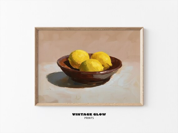 Vintage Lemon Bowl Still Life Fruit Oil Painting Rustic Kitchen Print