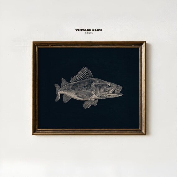 Engraved Game Fish Dark Navy Vintage Style Cabin Fishing Art Poster
